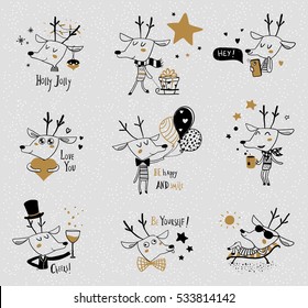 Set Of Stylish Black And White New Year And Christmas Doodle Elements With
Cute Hand Drawn Deer.