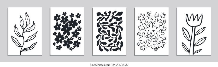 A set of stylish botanical abstract prints. Hand-drawn floral designs. Ideal for posters, postcards etc. Vector illustration