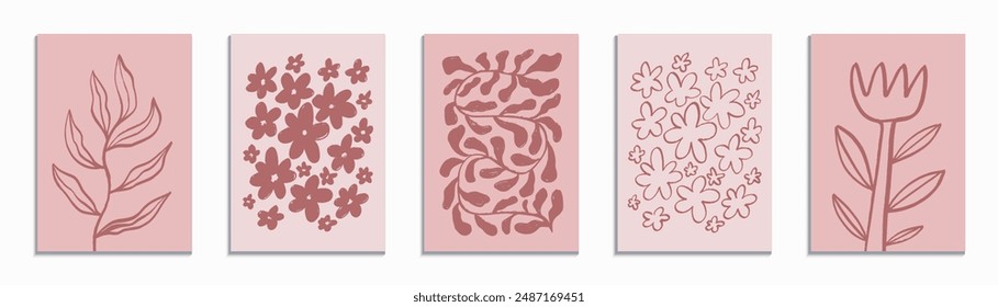 A set of stylish botanical pink abstract prints. Hand-drawn floral designs. Ideal for posters, postcards etc. Vector illustration