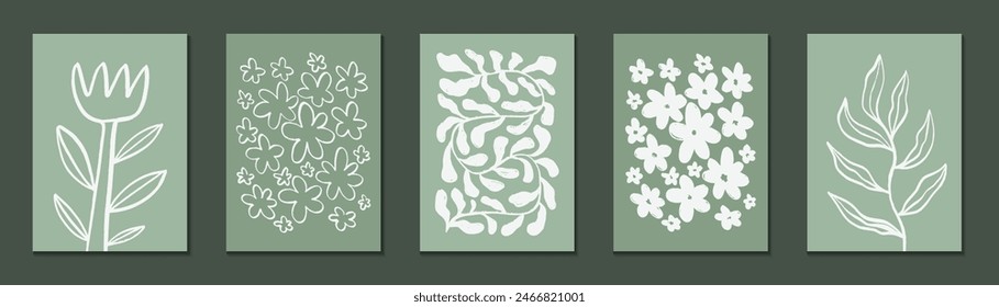 A set of stylish botanical sage green abstract prints. Hand-drawn floral designs. Ideal for posters, postcards etc. Vector illustration