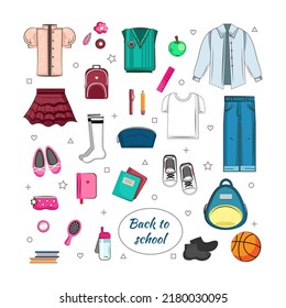 Set of stylish boy and girl clothes and accessories for school o