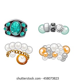 A set of stylish bracelets with precious stones. Vector illustration.