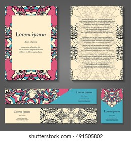 Set of stylish business card template. Abstract floral pattern and ornaments, ottoman motifs. Front and back page.