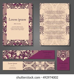 Set of stylish business card template. Abstract floral pattern and ornaments, ottoman motifs. Front and back page.