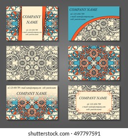 Set of stylish business card template. Abstract floral pattern and ornaments, ottoman motifs. Front and back page.