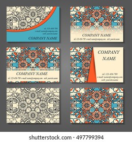 Set of stylish business card template. Abstract floral pattern and ornaments, ottoman motifs. Front and back page.