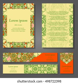 Set of stylish business card template. Abstract floral pattern and ornaments, ottoman motifs. Front and back page.