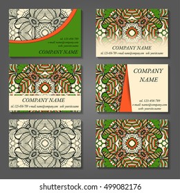 Set of stylish business card template. Abstract floral pattern and ornaments, ottoman motifs. Front and back page.