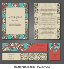 Set of stylish business card template. Abstract floral pattern and ornaments, ottoman motifs. Front and back page.