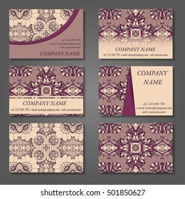 Set of stylish business card template. Abstract floral pattern and ornaments, ottoman motifs. Front and back page.