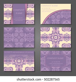 Set of stylish business card template. Abstract floral pattern and ornaments, ottoman motifs. Front and back page.
