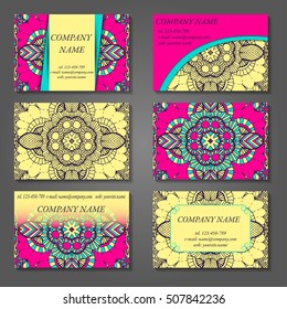 Set of stylish business card template. Abstract floral pattern and ornaments, ottoman motifs. Front and back page.