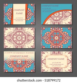 Set of stylish business card template. Abstract floral pattern and ornaments, ottoman motifs. Front and back page.
