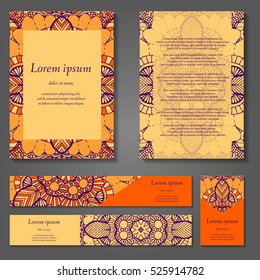 Set of stylish business card template. Abstract floral pattern and ornaments, ottoman motifs. Front and back page.