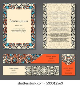 Set of stylish business card template. Abstract floral pattern and ornaments, ottoman motifs. Front and back page.