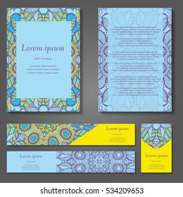 Set of stylish business card template. Abstract floral pattern and ornaments, ottoman motifs. Front and back page.