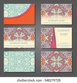 Set of stylish business card template. Abstract floral pattern and ornaments, ottoman motifs. Front and back page.