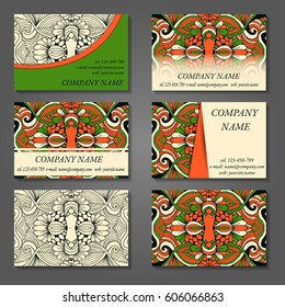 Set of stylish business card template. Abstract floral pattern and ornaments, ottoman motifs. Front and back page.