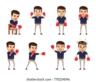 Set of stylish businessman characters boxing. Cheerful man showing winners pose, celebrating, punching, fighting, dazed and showing other actions. Flat style vector illustration