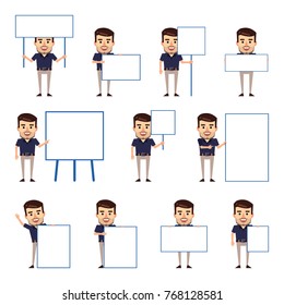Set of stylish businessman characters posing with various blank signboards. Cheerful man holding paper, banner, pointing to whiteboard. Flat style vector illustration