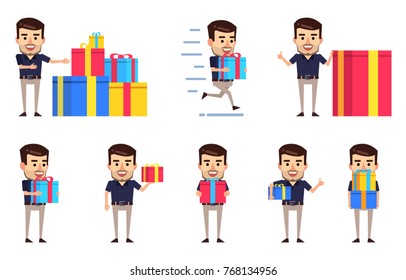 Set of stylish businessman characters posing with diverse gift boxes. Cheerful man holding gift box, celebrating birthday, running and showing other actions. Flat style vector illustration