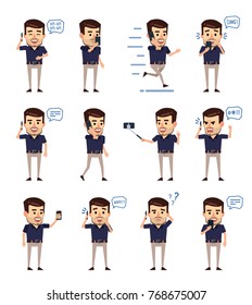 Set of stylish businessman characters posing with phone in different situations. Cheerful man talking on phone, surprised, taking selfie and showing other actions. Flat style vector illustration