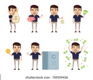 Set of stylish businessman characters posing with money. Cheerful man holding piggy bank, money bag, golden coin and showing other actions. Flat style vector illustration