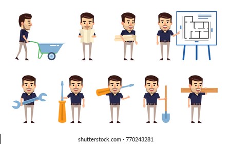 Set of stylish businessman characters posing with construction tools. Cheerful man pointing to construction plan, holding screwdriver, shovel and showing other actions. Flat vector illustration