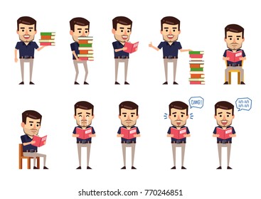 Set of stylish businessman characters posing with book. Cheerful man reading book, diary, journal, laughing, crying and showing other actions. Flat style vector illustration