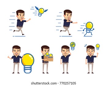 Set of stylish businessman characters posing with idea light bulb. Cheerful man pointing to idea, thinking and showing other actions. Flat style vector illustration