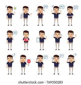 Set of stylish businessman characters showing different actions. Cheerful man talking on phone, angry, reading book and showing other actions. Flat style vector illustration