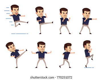 Set of stylish businessman characters showing different battle poses. Man fighting, kicking, jumping, attacking and showing other actions. Flat style vector illustration