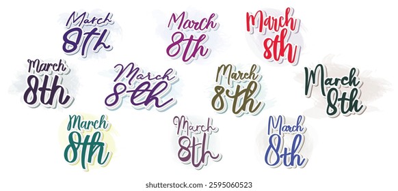 Set to Stylish calligraphic inscription "March 8th" in elegant handwritten font.  International Women's Day. Vector illustration