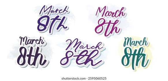 Set to Stylish calligraphic inscription "March 8th" in elegant handwritten font.  International Women's Day. Vector illustration