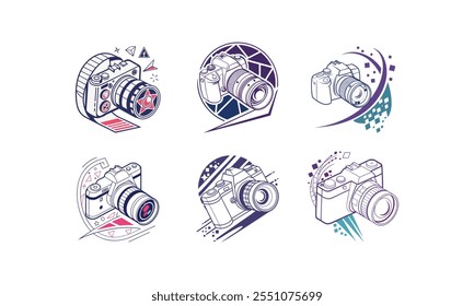 Set of stylish camera icon illustrations with abstract geometric elements and creative designs