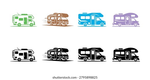 Set of stylish camper vans in green brown blue and purple moving along a road with dynamic motion lines for travel and adventure themes