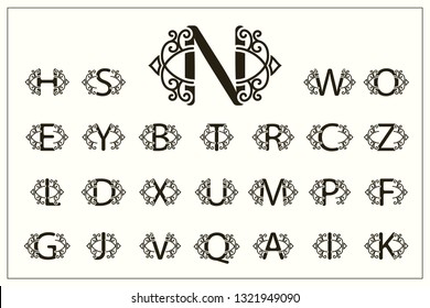 Set of Stylish Capital Letters. Vintage Logos. Filigree Monograms. Beautiful Collection. English Alphabet. Simple Drawn Emblems. Graceful Style. Design of Calligraphic Insignia. Vector Illustration