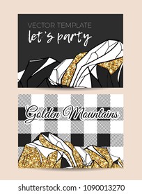 Set of stylish cards decorated with golden glitter.Abstract mountain decor with checkered background.