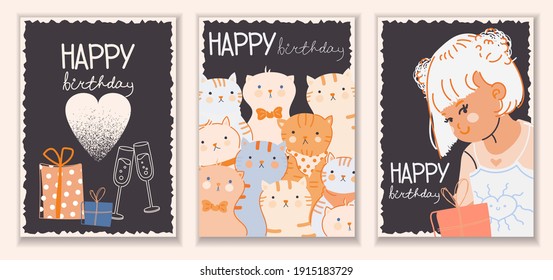 A set of stylish cards with funny cats, a cute girl and gifts. Happy birthday lettering. Greeting card in flat design with animals. Vector illustration. All objects are isolated