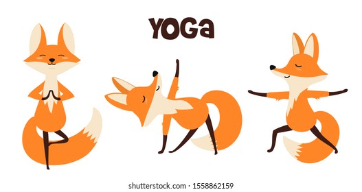 Set of stylish cartoon foxes in various poses of yoga. Vector illustrations isolated on white background.