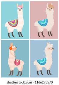 Set of stylish cartoon llama with ornament. Vector illustration.