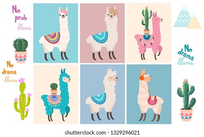 Set of stylish cartoon llamas and decorative elements. Vector illustrations.