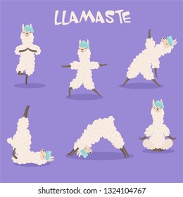 Conjunto de tiras cómicas elegantes en diferentes poses de yoga. Ilustraciones vectoriales aisladas en fondo morado.