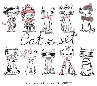 Set of stylish cats. Vector trendy hipster style greeting card design, t-shirt print, inspiration poster. 