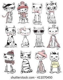 Set of stylish cats. Vector trendy hipster style greeting card design, t-shirt print, inspiration poster. 