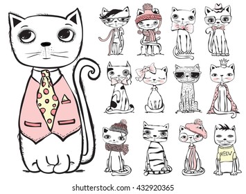 Set of stylish cats. Vector trendy hipster style for greeting card design, t-shirt print, inspiration poster. 