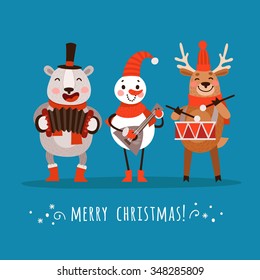 Set of stylish Christmas characters. Polar Bear, Santa Claus, reindeer played Christmas songs. Funny cartoon characters of winter suits and playing musical instruments.