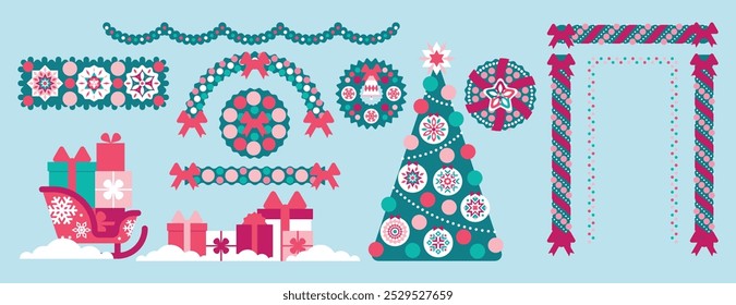 Set of stylish Christmas decorations for indoor and outdoor decoration of a house, office, shop, etc. Items for festive New Year decor: garland, tree, wreath, lights, gifts, sled