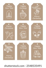 Set of stylish Christmas and New Year gift tags. Winter festive xmas labels. A set of various cute elements, great for cards, labels, tags, banners, wallpapers. Vector illustration