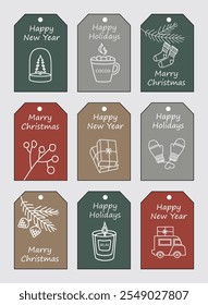 Set of stylish Christmas and New Year gift tags. Winter festive xmas labels. A set of various cute elements, great for cards, labels, tags, banners, wallpapers. Vector illustration